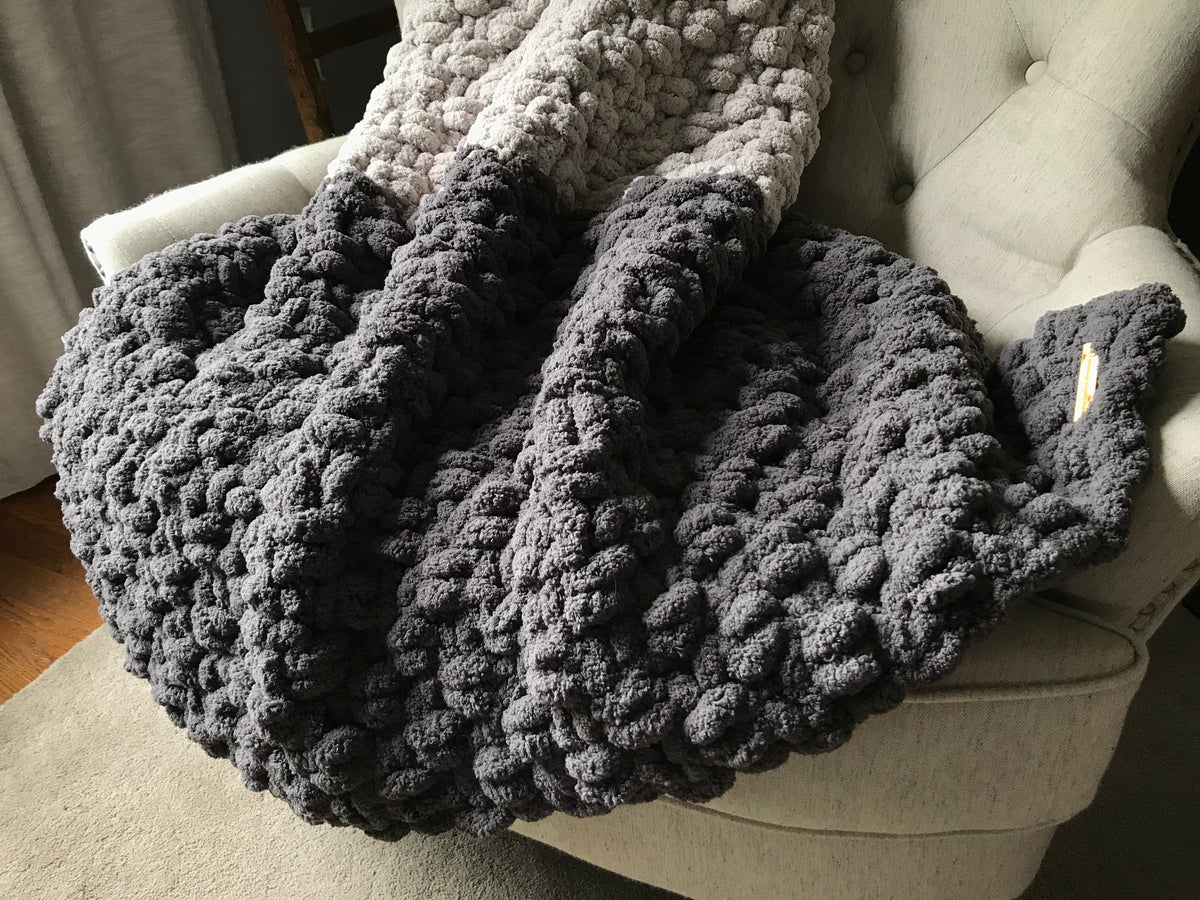 Chunky Knit Blanket Gray and Ivory Ombre Throw Hands On For Homemade