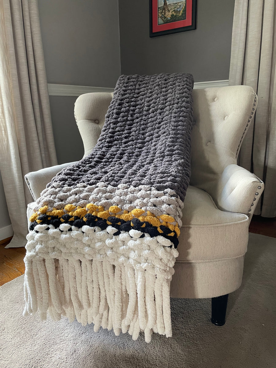 Chunky Knit Fringe Blanket Gray and Yellow Knit Throw – Hands On