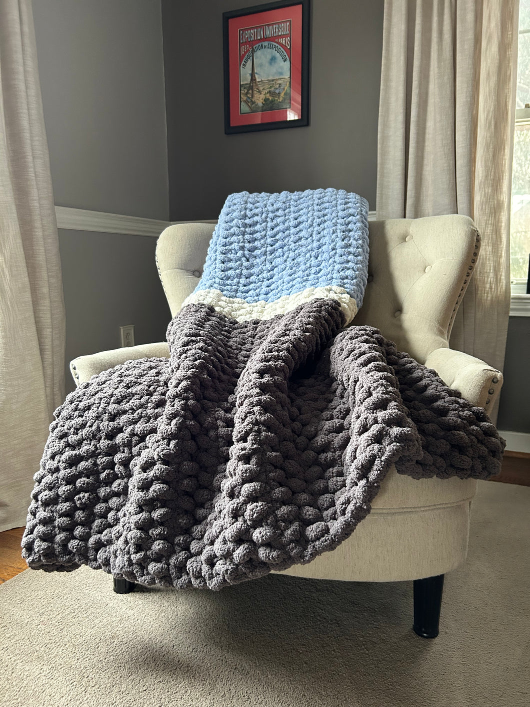 Gray and Blue Knit Throw | Chunky Knit Blanket - Hands On For Homemade