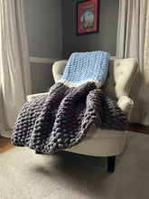 Load image into Gallery viewer, Gray and Blue Knit Throw | Chunky Knit Blanket - Hands On For Homemade