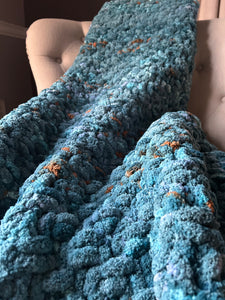 Teal Variegated Blanket | Chunky Knit Blanket - Hands On For Homemade