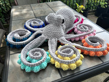Load image into Gallery viewer, Oversized Rainbow Octopus - Light Gray and Rainbow Crochet Octopus - Hands On For Homemade