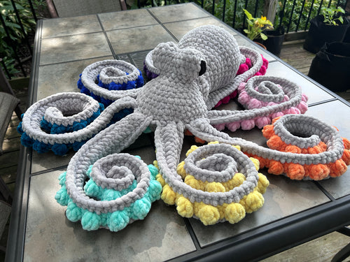 Oversized Rainbow Octopus - Light Gray and Rainbow Crochet Octopus