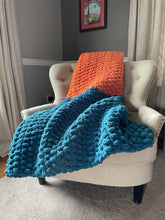 Load image into Gallery viewer, Teal Blue and Orange Color Block Throw | Chunky Knit Blanket - Hands On For Homemade