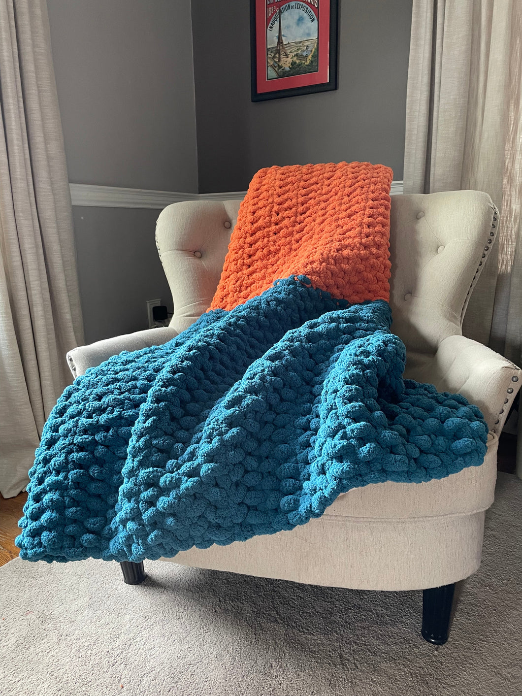 Teal Blue and Orange Color Block Throw | Chunky Knit Blanket - Hands On For Homemade