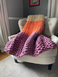 Cassis, Harvest Orange and Khaki Blanket | Chunky Knit Blanket - Hands On For Homemade