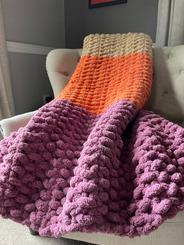 Cassis, Harvest Orange and Khaki Blanket | Chunky Knit Blanket - Hands On For Homemade