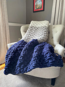 Navy Blue Striped Throw - Chunky Chenille Blanket - Hands On For Homemade