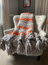 Load image into Gallery viewer, Chunky Knit Tassel Blanket | Gray and Orange Striped Tassel Blanket - Hands On For Homemade