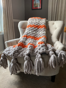 Chunky Knit Tassel Blanket | Gray and Orange Striped Tassel Blanket - Hands On For Homemade