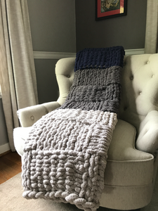 Chunky Knit Blanket | Navy and Gray Striped Throw - Hands On For Homemade