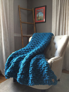 Chunky Knit Blanket | Teal Blue Knit Throw - Hands On For Homemade
