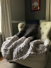 Load image into Gallery viewer, Chunky Knit Blanket | Navy and Gray Striped Throw - Hands On For Homemade