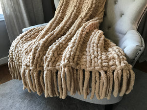 Chunky Knit Blanket | Beige Fringe Throw Blanket - Hands On For Homemade