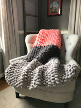 Load image into Gallery viewer, Chunky Knit Blanket | Coral and Gray Striped Throw - Hands On For Homemade