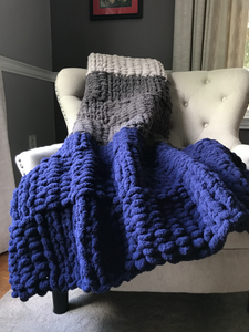 Chunky Knit Blanket | Navy and Gray Striped Throw - Hands On For Homemade