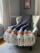 Load image into Gallery viewer, Chunky Knit Fringe Blanket | Gray and Orange Knit Throw - Hands On For Homemade