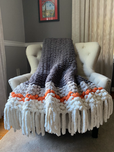 Load image into Gallery viewer, Chunky Knit Fringe Blanket | Gray and Orange Knit Throw - Hands On For Homemade