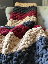 Load image into Gallery viewer, Chunky Knit Blanket - Red Beige and Gray Knit Throw - Soft Chenille Knit Blanket - Hands On For Homemade