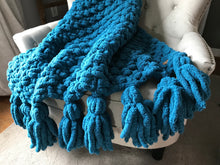 Load image into Gallery viewer, Chunky Knit Blanket | Teal Blue Tassel Throw Blanket - Hands On For Homemade