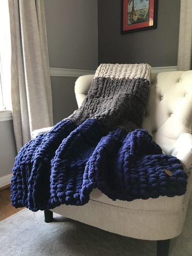 Chunky Knit Blanket | Navy and Gray Striped Throw - Hands On For Homemade