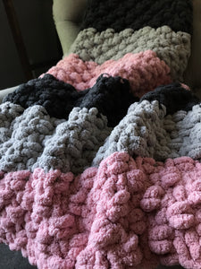 Chunky Knit Blanket | Gray and Pink Knit Throw - Hands On For Homemade