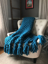Load image into Gallery viewer, Chunky Knit Blanket | Teal Blue Tassel Throw Blanket - Hands On For Homemade