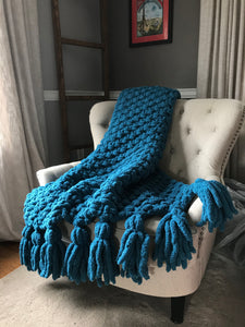 Chunky Knit Blanket | Teal Blue Tassel Throw Blanket - Hands On For Homemade