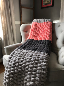 Chunky Knit Blanket | Coral and Gray Striped Throw - Hands On For Homemade
