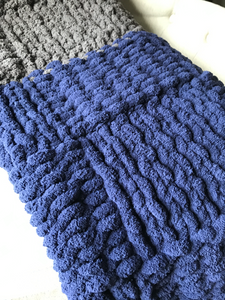 Chunky Knit Blanket | Navy and Gray Striped Throw - Hands On For Homemade