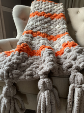 Load image into Gallery viewer, Chunky Knit Tassel Blanket | Gray and Orange Striped Tassel Blanket - Hands On For Homemade