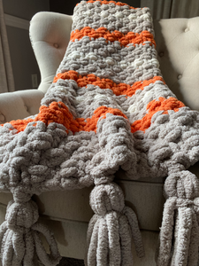Chunky Knit Tassel Blanket | Gray and Orange Striped Tassel Blanket - Hands On For Homemade