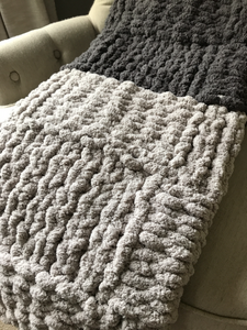 Chunky Knit Blanket | Navy and Gray Striped Throw - Hands On For Homemade