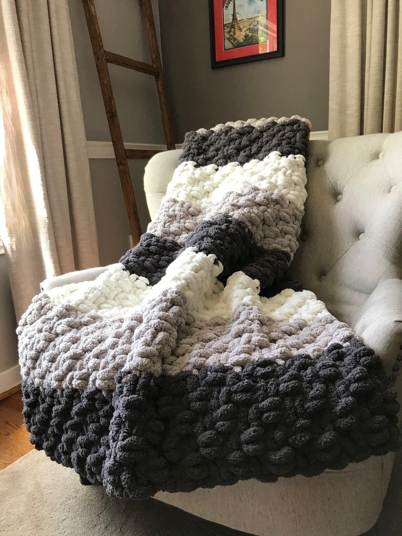 Chunky Knit Blanket Gray and Ivory Striped Throw Hands On For Homemade