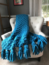 Load image into Gallery viewer, Chunky Knit Blanket | Teal Blue Tassel Throw Blanket - Hands On For Homemade