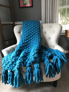 Chunky Knit Blanket | Teal Blue Tassel Throw Blanket - Hands On For Homemade
