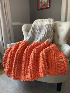 Chunky Knit Blanket | Harvest Orange, Light Gray & Ivory Throw - Hands On For Homemade