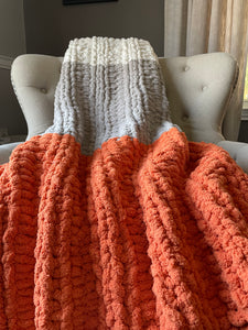 Chunky Knit Blanket | Harvest Orange, Light Gray & Ivory Throw - Hands On For Homemade