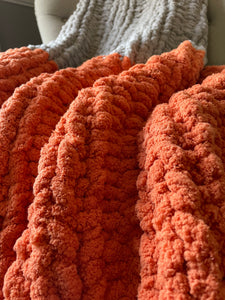 Chunky Knit Blanket  Harvest Orange, Light Gray & Ivory Throw