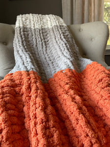 Chunky Knit Blanket | Harvest Orange, Light Gray & Ivory Throw - Hands On For Homemade