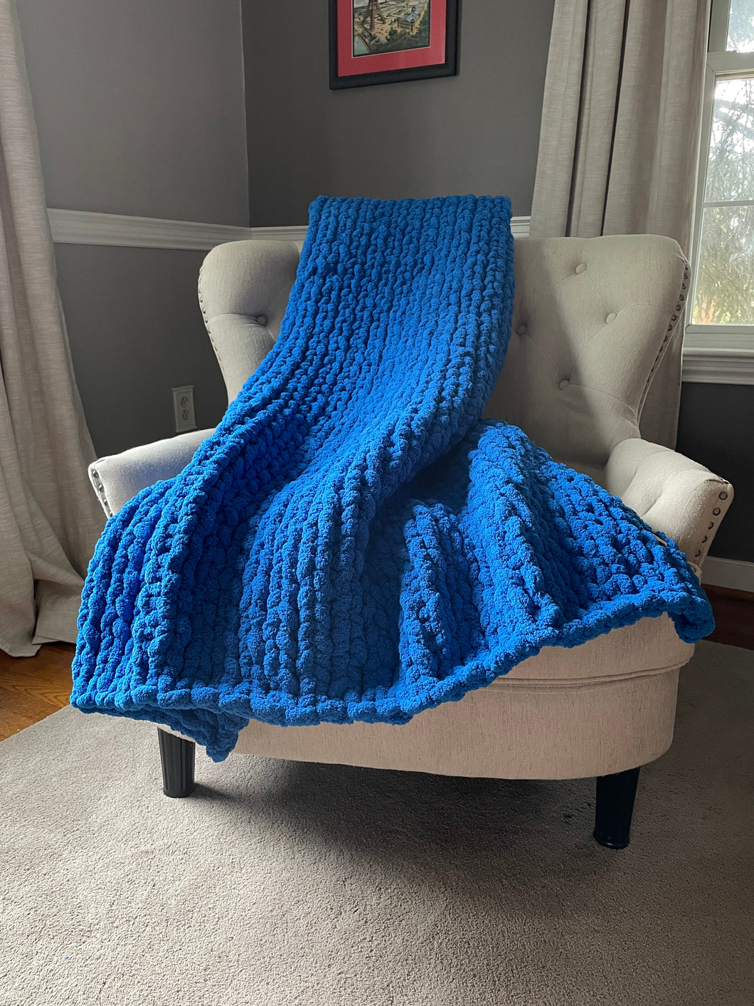 Classic Blue Blanket | Chunky Knit Chenille Throw - Hands On For Homemade