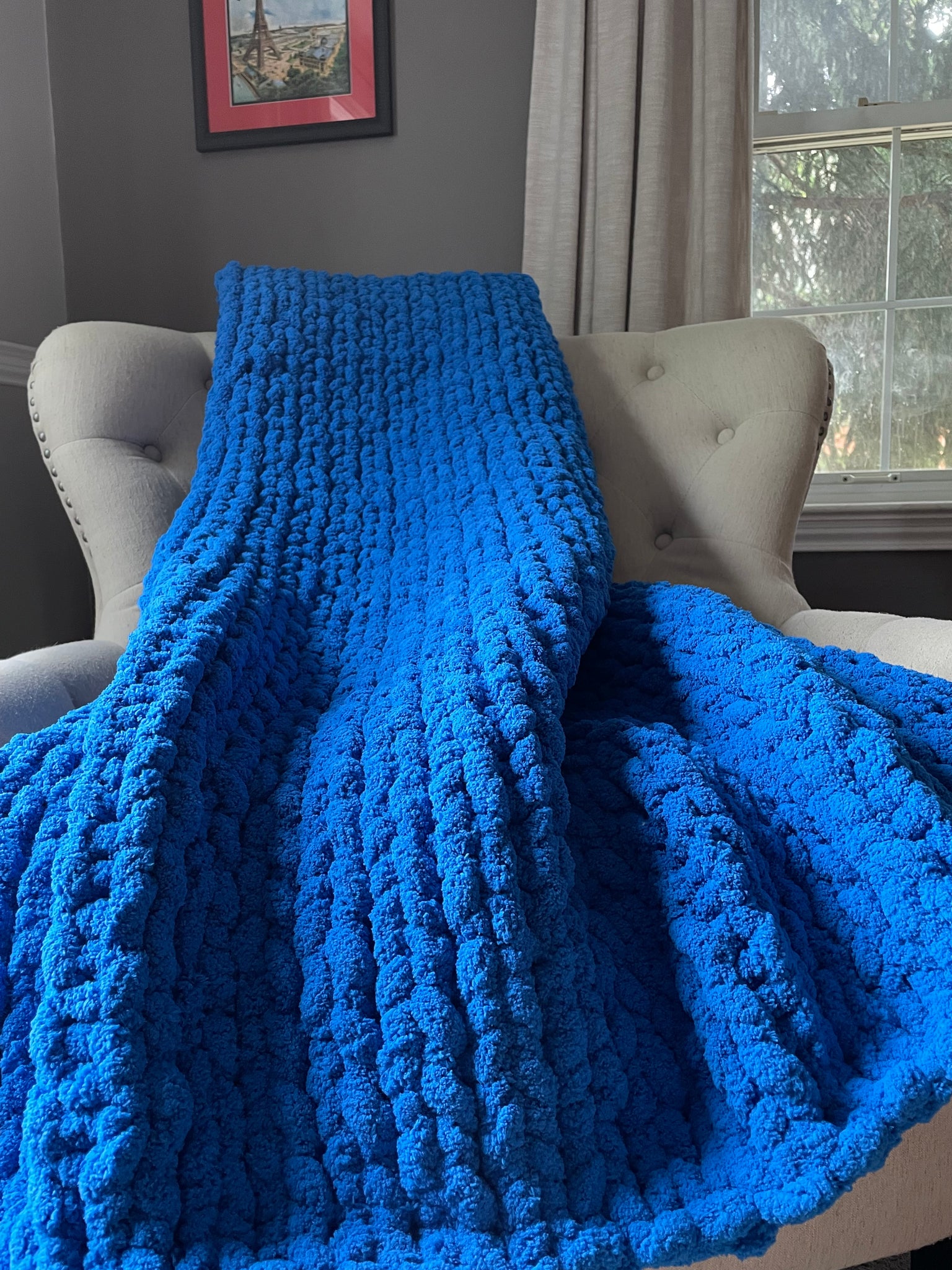 Classic Blue Blanket Chunky Knit Chenille Throw Hands On For