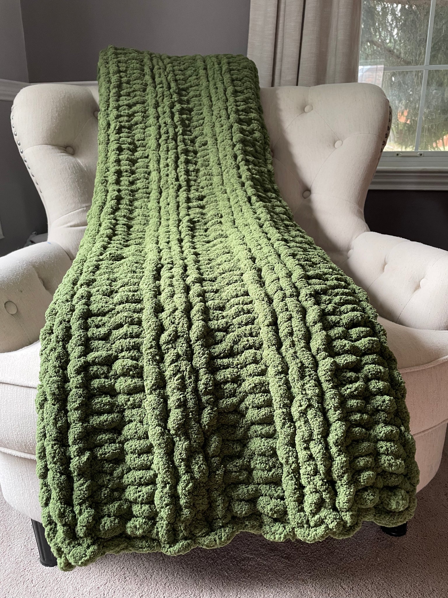 Olive Chunky Knit Blanket Soft Chenille Throw Hands On For