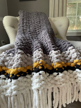 Load image into Gallery viewer, Chunky Knit Fringe Blanket | Gray and Yellow Knit Throw - Hands On For Homemade