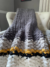 Load image into Gallery viewer, Chunky Knit Fringe Blanket | Gray and Yellow Knit Throw - Hands On For Homemade