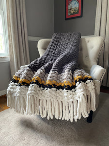 Chunky Knit Fringe Blanket | Gray and Yellow Knit Throw - Hands On For Homemade