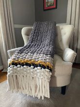 Load image into Gallery viewer, Chunky Knit Fringe Blanket | Gray and Yellow Knit Throw - Hands On For Homemade