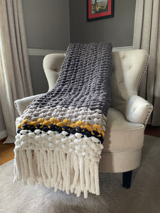 Chunky Knit Fringe Blanket | Gray and Yellow Knit Throw - Hands On For Homemade