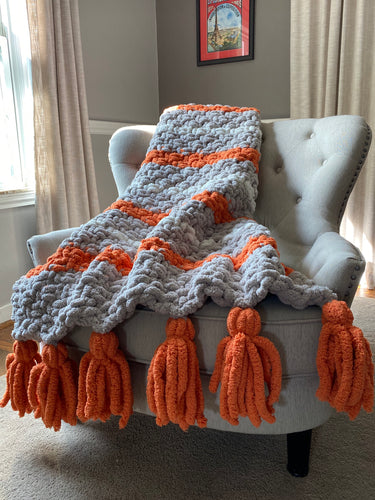Chunky Knit Tassel Blanket | Gray and Orange Striped Tassel Blanket - Hands On For Homemade