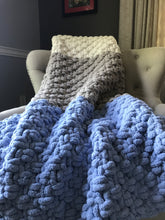 Load image into Gallery viewer, Periwinkle, Gray and Ivory Blanket | Chunky Knit Blanket - Hands On For Homemade
